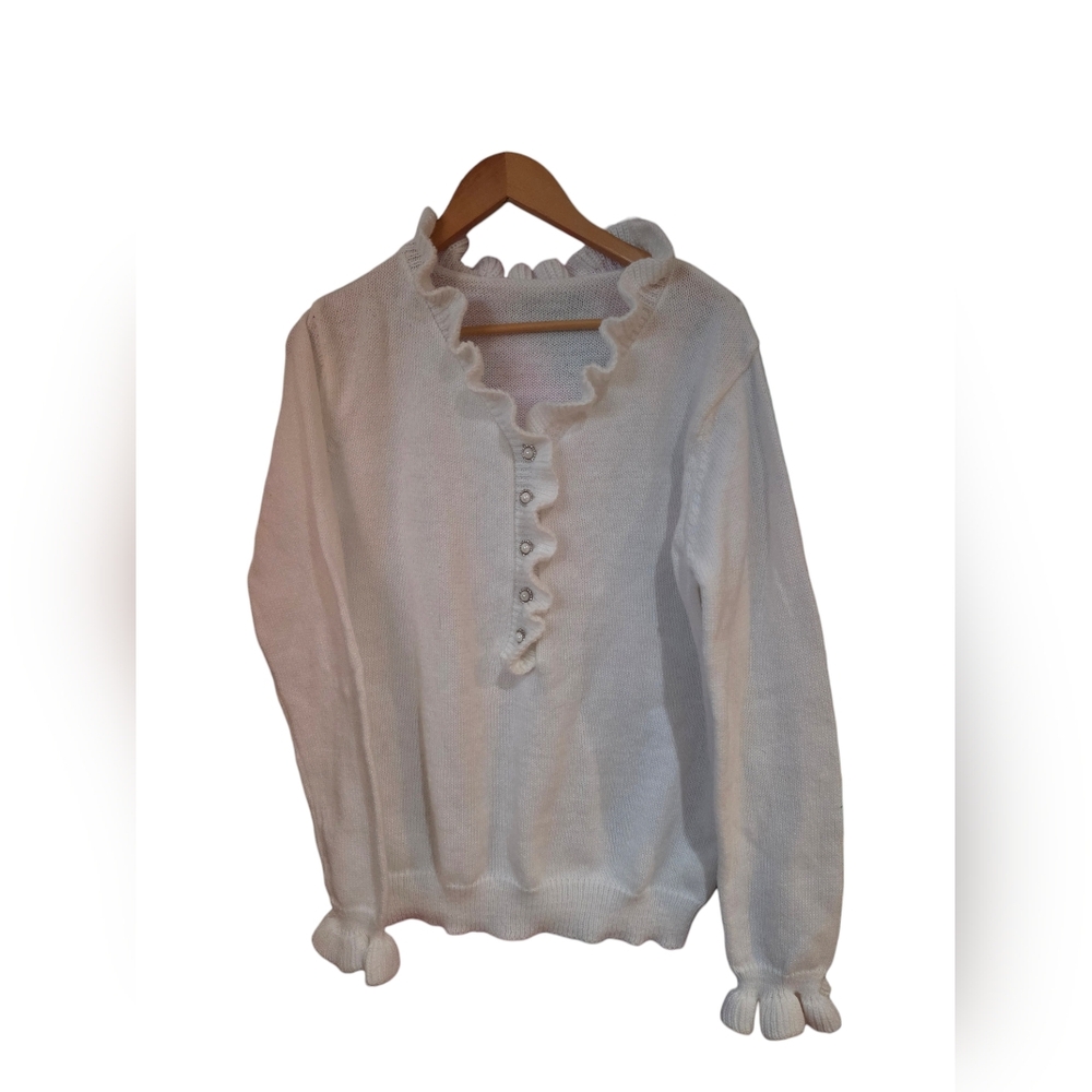 Vintage Style Cream Knit Cardigan Ruffle Trim Button Front Soft Cozy Sweater XXL